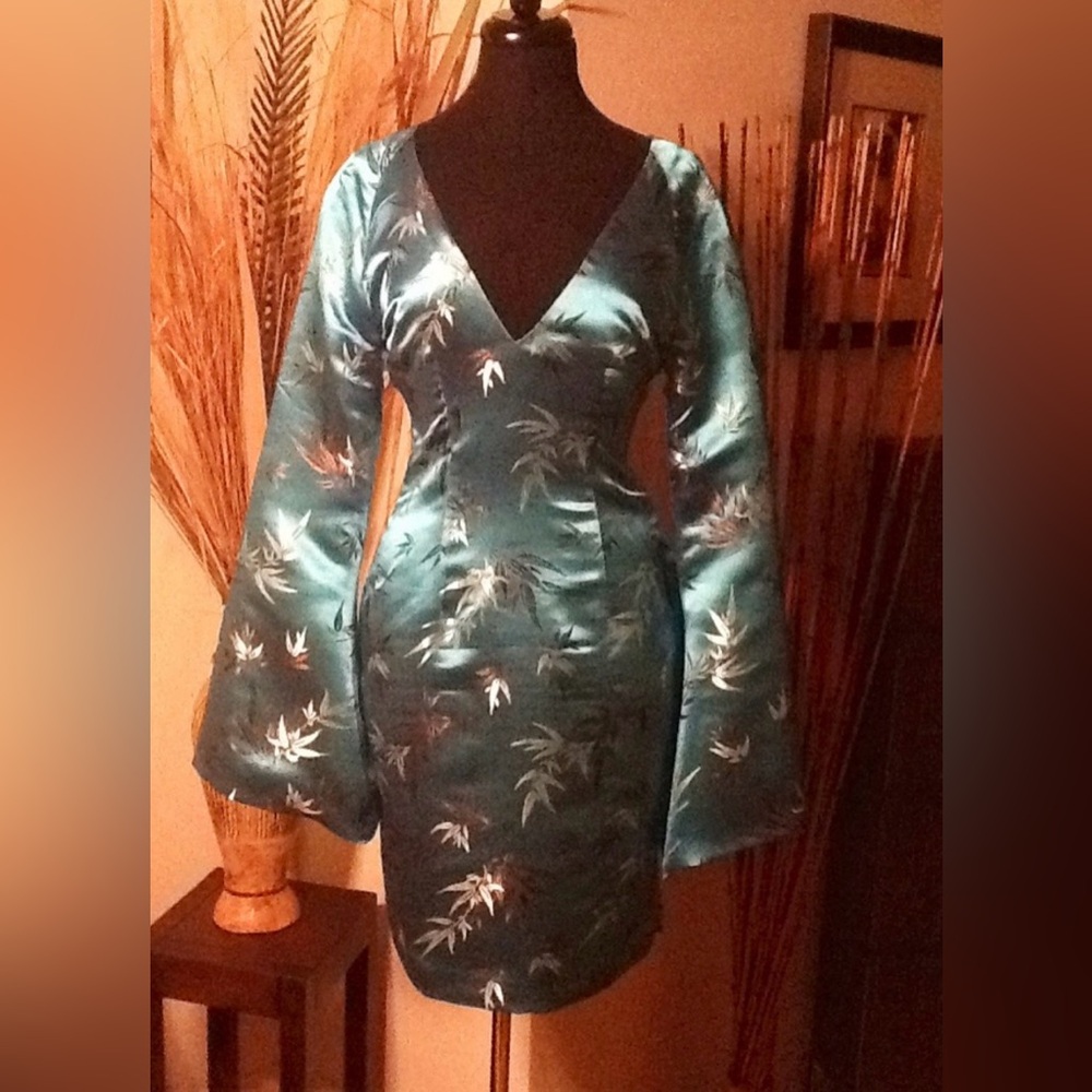 Elegant Teal Floral Dress with Bell Sleeves